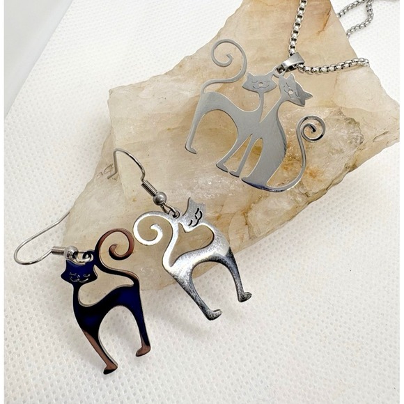 Stainless Steel Cat Necklace & Earrings Set Silver Tone 17.5" Chain Modern - Picture 2 of 9